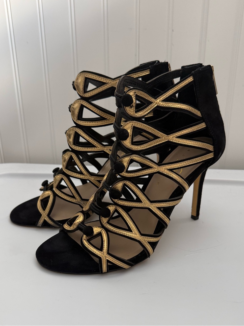 Lord & Taylor Black and Gold Suede Strappy Gladiator Sandals